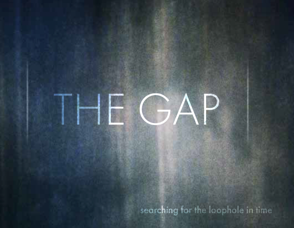 The image shows the word THE GAP in front of a still photo of old film footage